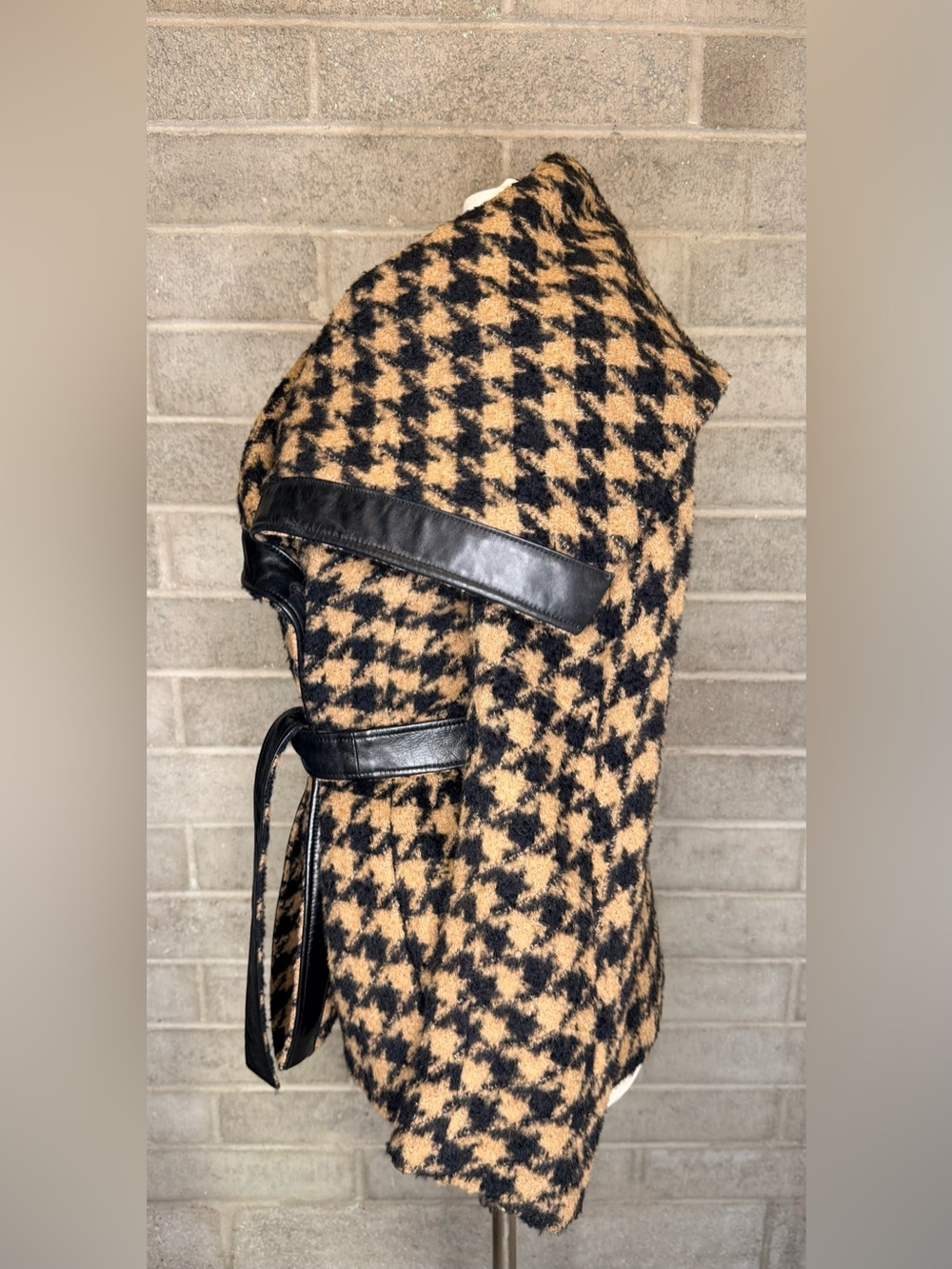 Max Mara Made Italy Houndstooth Belted Wrap Coat Leather Trim Size 8 - Picture 11 of 14